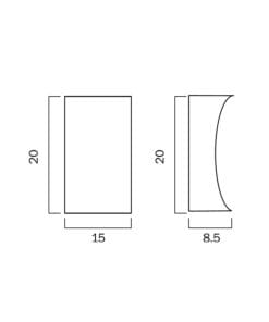 Technical drawing of the Dash Exterior Wall Light: a rectangular block, 20 units high, 15 units wide, depth 8.5 units, with a concave curved edge shown in side view to highlight its sleek profile.