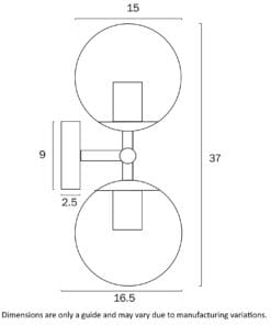 Black and white diagram of the Etern2 Wall Light showing dimensions: 37 cm height, 16.5 cm width, 15 cm globe diameter, 9 cm wall mount height, and 2.5 cm depth.