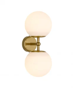 The Etern2 Wall Light has a brass base and two round white glass globes, positioned above and below, creating a modern sconce perfect for minimalist spaces.