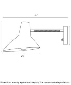 Line drawing of the Farbon Short Wall Light, a wall-mounted lamp measuring 37 cm long, with a shade 20 cm wide and 15 cm high, and a wall mount height of 10 cm.