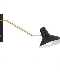 The Farbon Long Wall Light is a modern, wall-mounted lamp with a black angled shade, visible bulb, and distinctive black and gold arm.