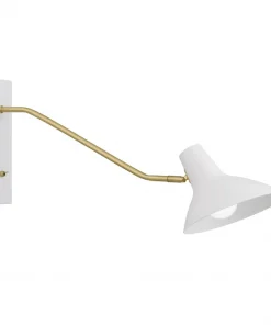 The Farbon Long Wall Light showcases a modern wall-mounted design with a white conical shade, brass angled arm, and sleek rectangular white wall plate.