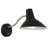 The Farbon Short Wall Light has a black conical shade, an adjustable brass arm, a round base, and a visible on/off switch for a stylish wall-mounted look.