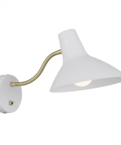 The Farbon Short Wall Light has a white finish, round base, gold flexible arm, and a cone-shaped shade that directs light downward.
