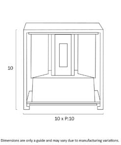Line drawing of a rectangular cabinet (H:10, W:10, D:10) with two open doors and center panel; dimensions may vary. Pairs stylishly with the Cube Wall Light.