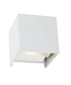 The Cube Wall Light is a white, modern fixture with a downward-facing opening that provides soft illumination.