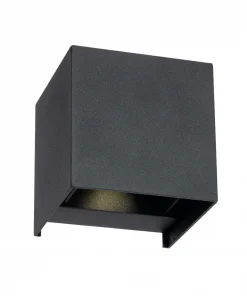 The Cube Wall Light is a modern black fixture with an open bottom, perfect for adding stylish illumination to any indoor or outdoor space.