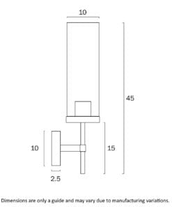 Line drawing of the Garot Wall Light, a wall-mounted fixture with dimensions labeled: height 45 cm, width 10 cm, base projection 10 cm, arm length 2.5 cm.