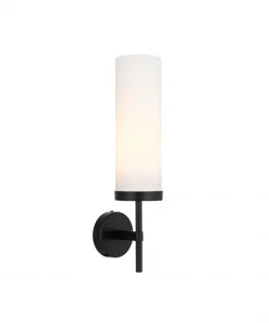 The Garot Wall Light showcases a cylindrical frosted glass shade and sleek black metal base and arm, elegantly mounted on the wall against a white background.