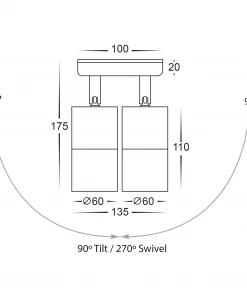 Technical diagram of the Tivah double spot Range shows fixture dimensions and highlights its 90° tilt and 270° swivel range with arrows.