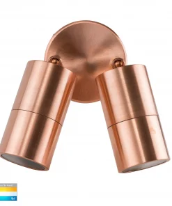 The Tivah double spot Range features a copper-colored dual spotlight with adjustable cylindrical heads on a round base and a small tri-colour light label (3000K, 4000K, 5000K).