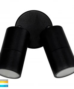 The Tivah double spot Range is a black, cylindrical, wall-mounted outdoor light fixture with adjustable dual heads, pictured on a white background. Color temperature options are visible in the lower left corner.