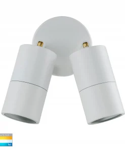 A Tivah double spot Range ceiling fixture with cylindrical adjustable white heads is mounted on a round base. The product features a color temperature label in the bottom left corner.