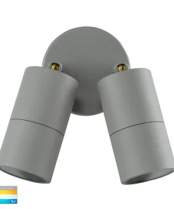 A grey wall-mounted Tivah double spot Range light fixture with adjustable double cylindrical heads is displayed against a white background, with a color temperature label in the bottom left corner.