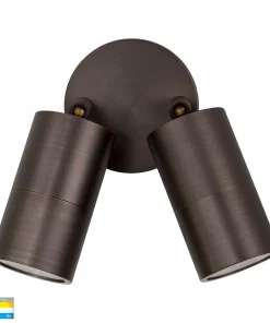 The Tivah double spot Range features a bronze wall fixture with two adjustable cylindrical heads on a round backplate.