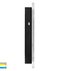 Side view of the Berlin 30 Range rectangular black and silver wall-mounted light fixture with a small white button; color temperature options are displayed in the bottom left corner.