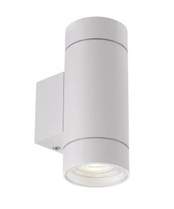 The KMAN Exterior Wall Light is a cylindrical, wall-mounted fixture in white with an exposed bulb at the bottom.