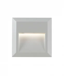 Part of the Prima Square Exterior Range, this recessed LED wall light has a white frame and emits a gentle downward glow from its central opening.