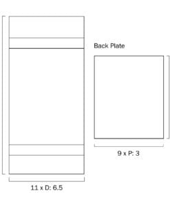 Technical drawing of two rectangular objects: one measures 23.5 x 11 x 6.5, and the other, the Roland Exterior Wall Light’s back plate, measures 12 x 9 x 3.
