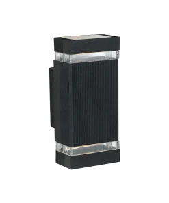 The Roland Exterior Wall Light is a rectangular, black, wall-mounted fixture featuring transparent bands at the top and bottom edges.