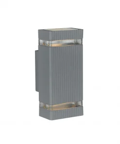The Roland Exterior Wall Light is a modern gray outdoor fixture with clear panels on the top and bottom for a sleek, stylish appearance.