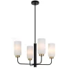 The Sebring 8 is a modern black chandelier featuring four cylindrical frosted glass shades and striking brass accents, elegantly hanging from a central rod.