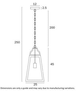 Pendant light technical drawing with dimensions