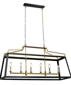 Modern geometric chandelier with candle-like bulbs.