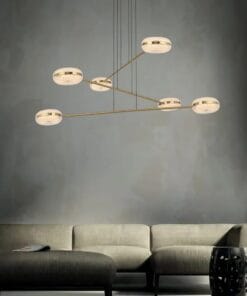 Modern living room with elegant pendant lighting and gray sofas