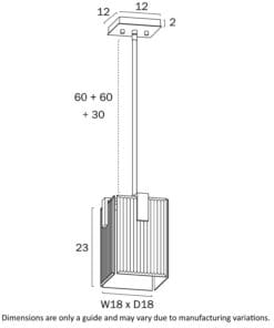 Technical drawing of a suspended lighting fixture.