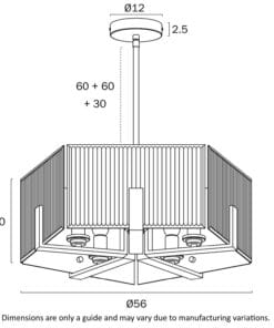 Technical drawing of a suspended light fixture