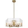 Gold modern chandelier with vertical rods and glass panels