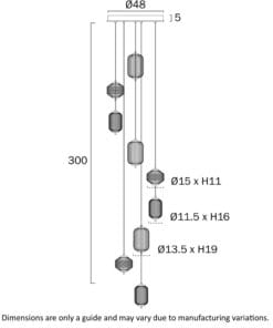 Technical drawing of suspended pendant lights with dimensions
