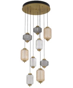 Modern chandelier with hanging glass and brass lamps