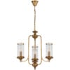 Golden three-light chandelier with clear cylindrical shades
