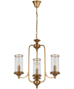 Golden three-light chandelier with clear cylindrical shades