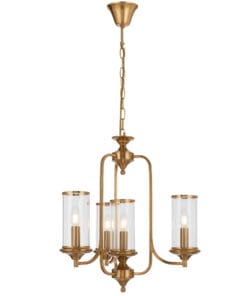 Elegant gold chandelier with three glass enclosures