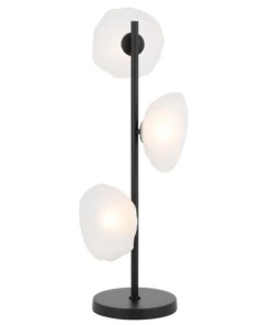 Modern black floor lamp with three frosted glass shades.