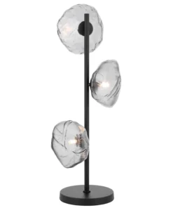 Modern black floor lamp with three textured glass orbs