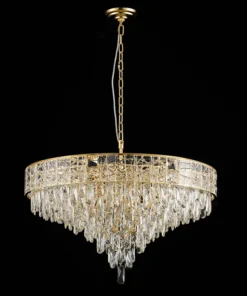 Elegant gold crystal chandelier against black background