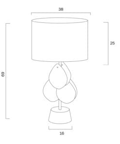 Line drawing of teardrop-design table lamp with dimensions