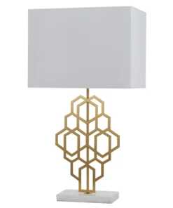 Gold geometric pattern table lamp with white shade