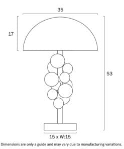 Diagram of lamp with dimensions and spherical shades.