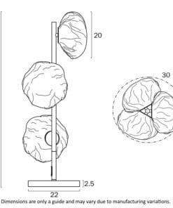 Illustration of three-tiered, spherical sculpture with measurements.