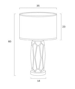 Geometric table lamp design, technical drawing with dimensions.