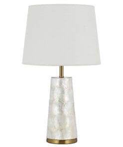 White fabric shade table lamp with golden base