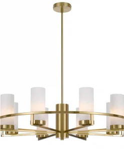 The Devon 6 light Antique brass chandelier features six cylindrical frosted glass shades in a circular design, elegantly suspended from a ceiling mount.