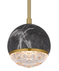 The Onetta 10 cluster black features a modern spherical black marble shade with white veining, gold accents, and a faceted glass diffuser for a warm glow.