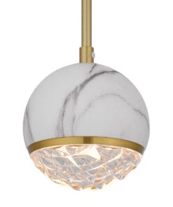 The Onetta 10 cluster white pendant light has a white marble-patterned dome, gold accents, and a faceted glass bottom for a warm glow.