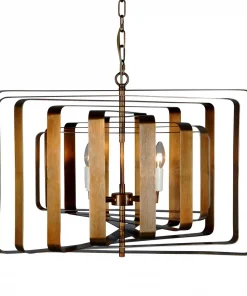 Brontel 4 brass is a pendant light fixture with layered square metal frames in bronze and brass finishes, featuring two exposed central bulbs and a hanging chain.